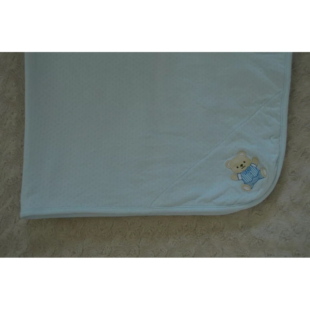 Little Me Teddy Bear Baby Blanket Blue Tan Thin Single Ply Lovey Security